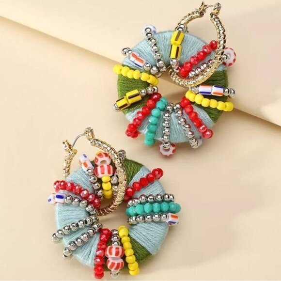 Bohemian Handmade Multicolor Round Beads Exaggerated Earrings - Picture 2 of 2